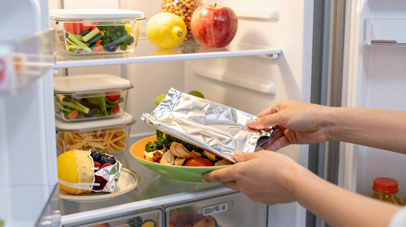 Hände legen eine mit Alufolie abgedeckte Schüssel mit Essen in einen offen stehenden Kühlschrank.
