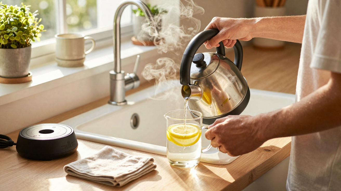 Eine Person gießt heißes Wasser aus einem Wasserkocher in ein Glas mit Zitronenscheiben in der Küche.
