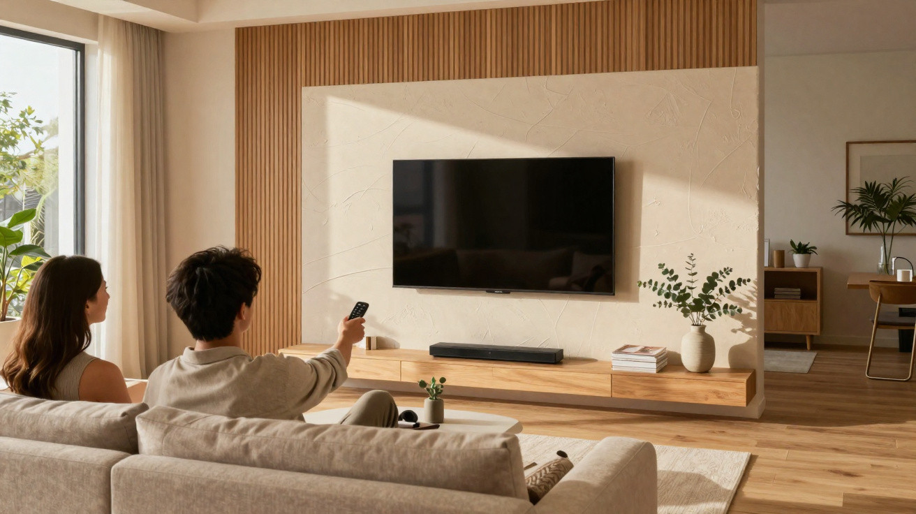 Junges Paar sitzt auf Sofa und schaut Fernseher in modern eingerichteten Wohnzimmer mit Holzdekor.