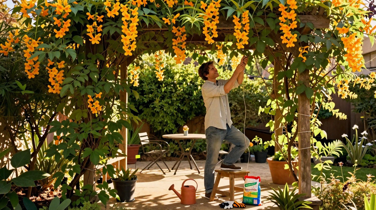 Mann pflegt blühende Kletterpflanzen mit orangefarbenen Blüten an einer Pergola im sonnigen Garten.