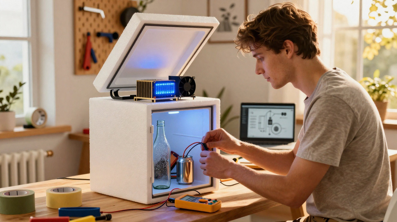 Junger Mann testet Wissenschaftsprojekt mit Kühlbox und Elektronik auf Tisch im hellen Zimmer.