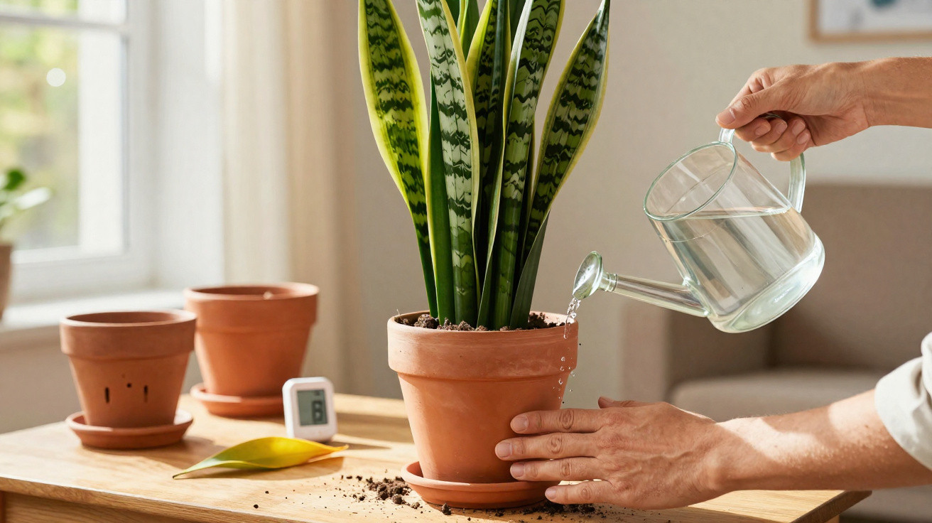 Person gießt Wasser mit einer Glas-Gießkanne in eine Pflanze in einem Terrakotta-Topf auf einem Holztisch.