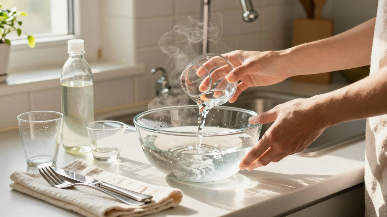 Eine Person gießt heißes Wasser aus einem Glas in eine Glasschüssel auf einer Küchenarbeitsplatte.