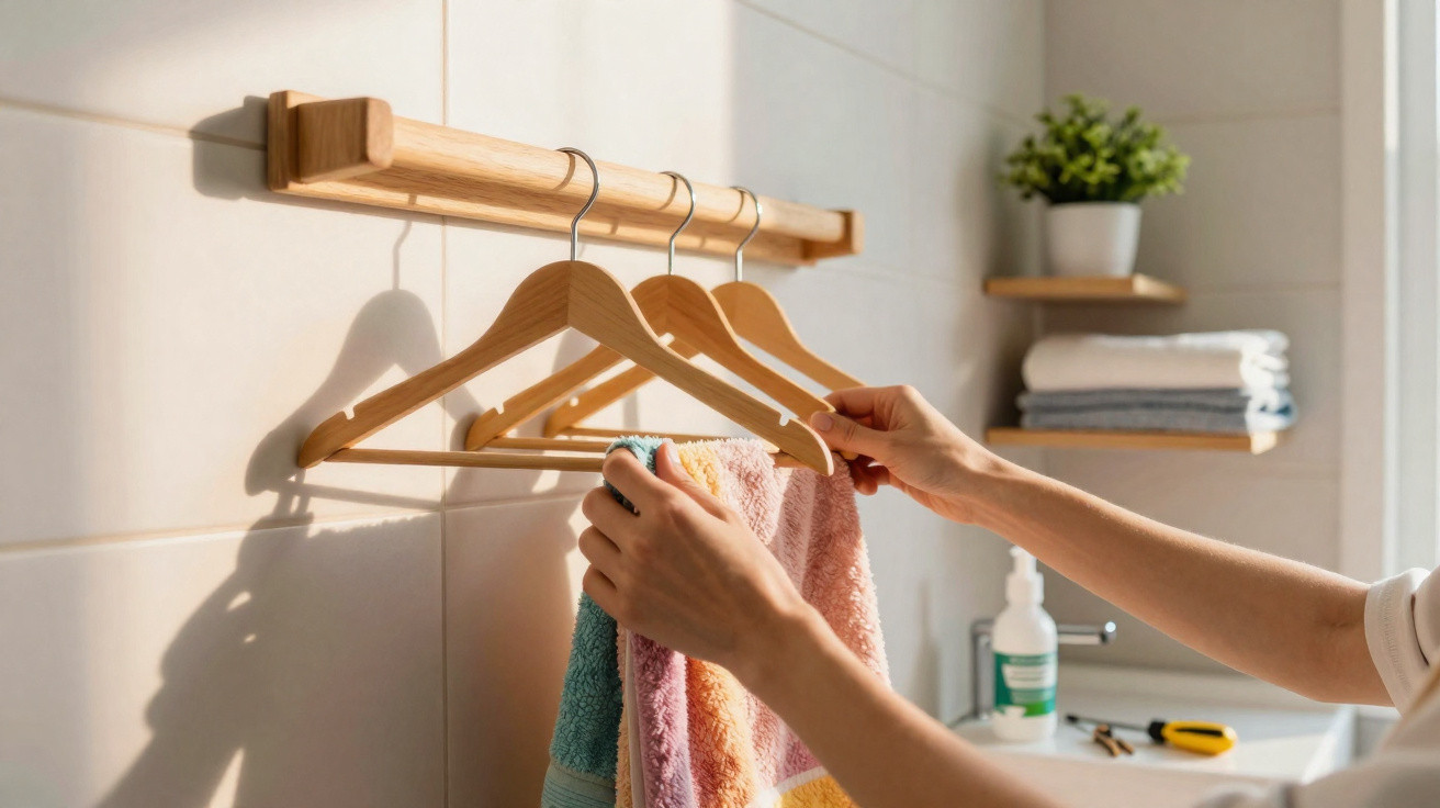 Person hängt bunte Handtücher an Holzkleiderbügel an einer Wandhalterung im Badezimmer auf.