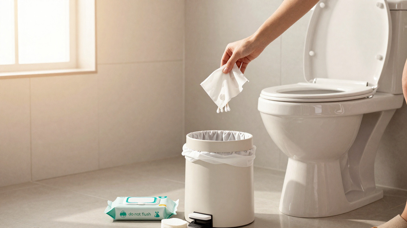 Hand wirft feuchtes Toilettenpapier in einen kleinen Mülleimer neben einer weißen Toilette im Badezimmer.