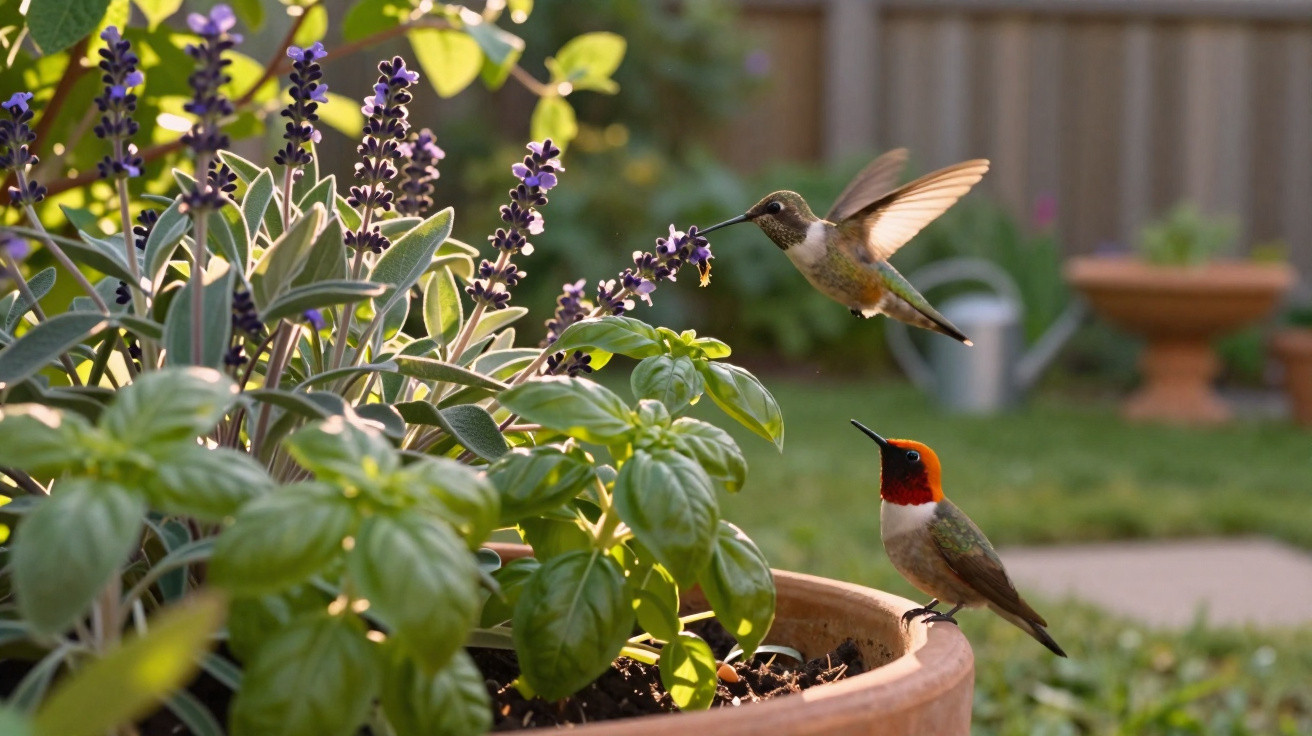 Zwei Kolibris an blühenden Lavendel- und Basilikumpflanzen in einem Garten bei Sonnenlicht.
