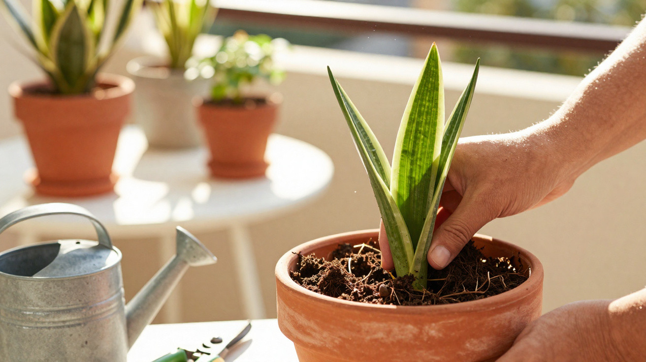 Person pflanzt Sansevieria in Terrakottatopf auf einem hellen Balkon bei Sonnenschein.