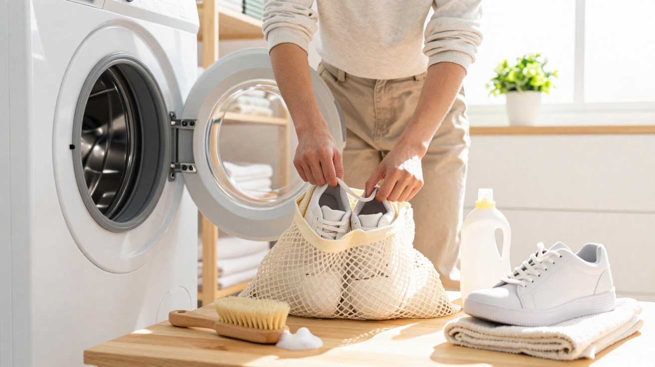 Person legt weiße Sneakers in einen Netzbeutel vor Waschmaschine zum Waschen der Schuhe im Badezimmer.
