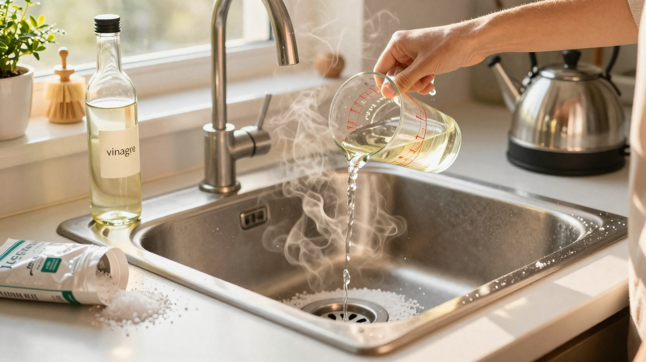 Hand gießt heißes Wasser aus Messbecher in Spüle, daneben Essigflasche und Streusalz.