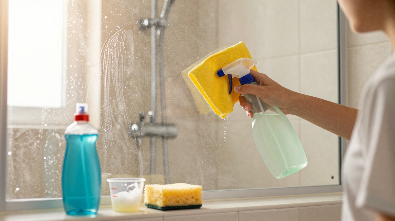 Person reinigt mit Sprühflasche und gelbem Tuch einen Spiegel im Badezimmer neben Schwamm und Reinigungsmitteln.