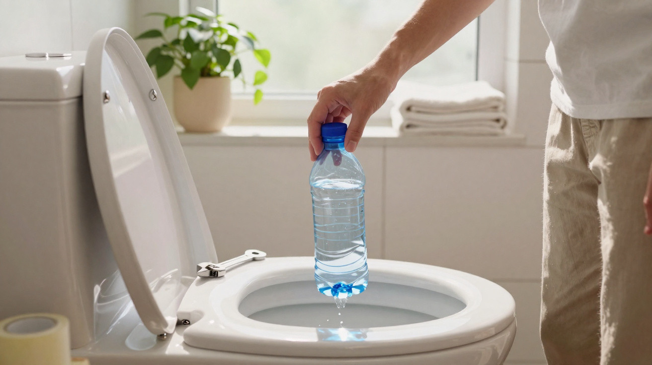 Person gießt Wasser aus einer Plastikflasche in eine geöffnete Toilettenschüssel im Badezimmer.