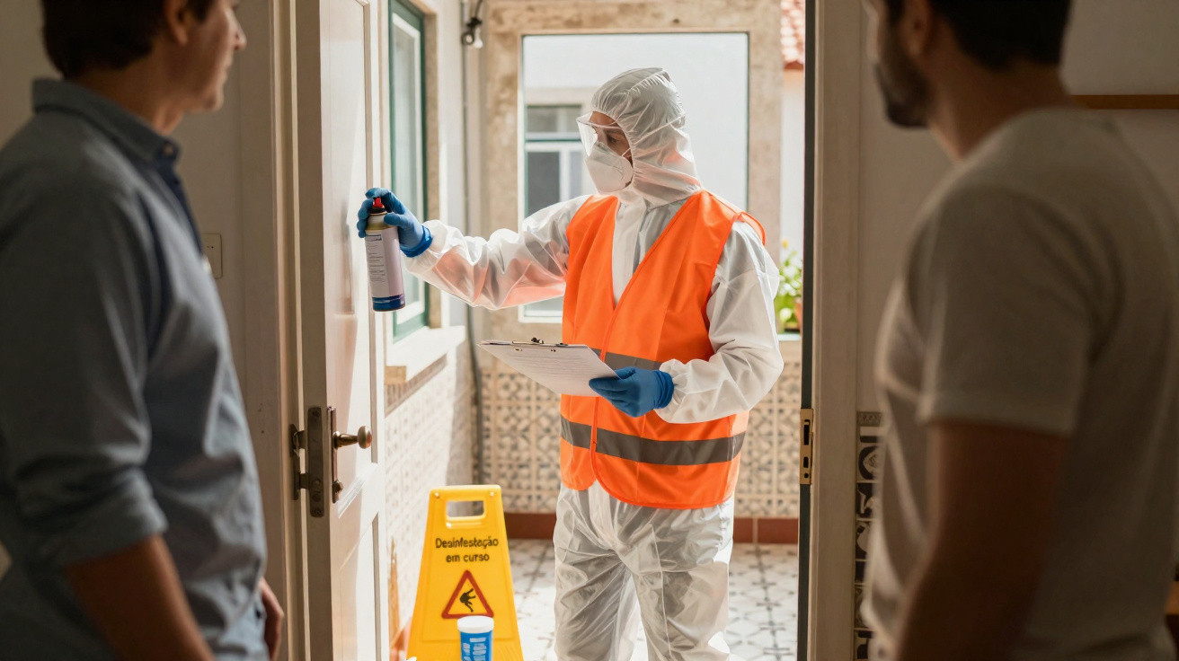 Person in Schutzanzug und Warnweste desinfiziert Türgriff in Wohnung vor zwei Personen stehend.