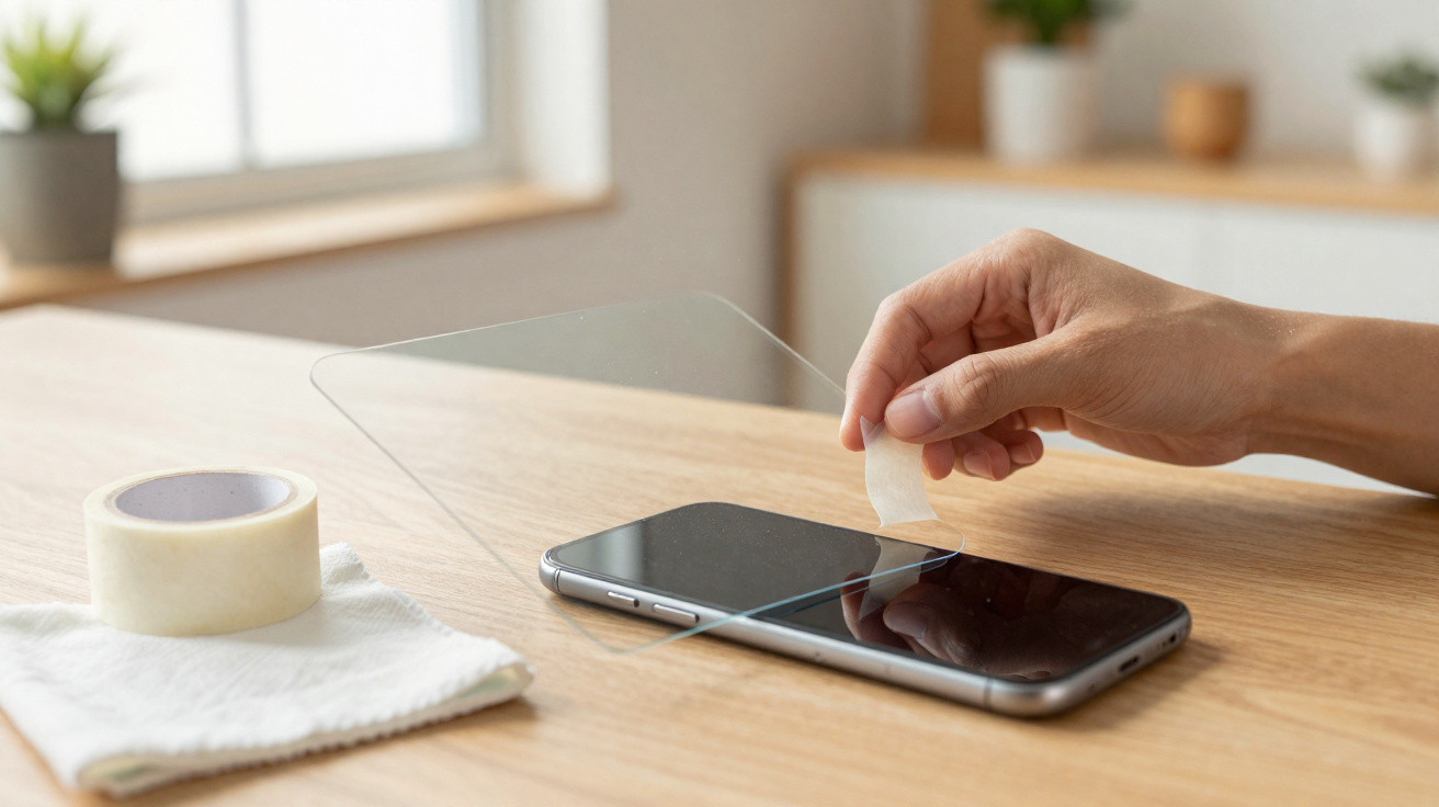 Hand befestigt Displayschutzfolie auf Smartphone auf hellem Holztisch mit Tuch und Klebeband.