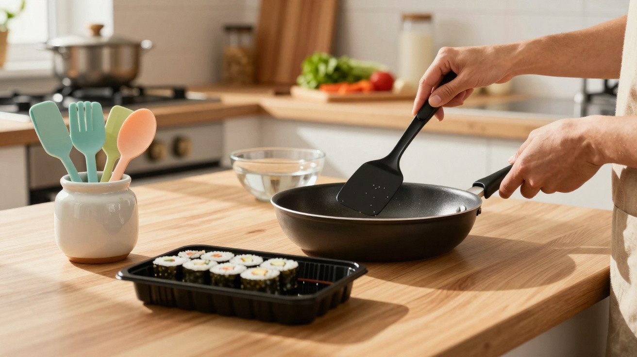 Person hält Pfanne und Pfannenwender in moderner Küche mit Sushi in Plastikbehälter auf Arbeitsplatte.