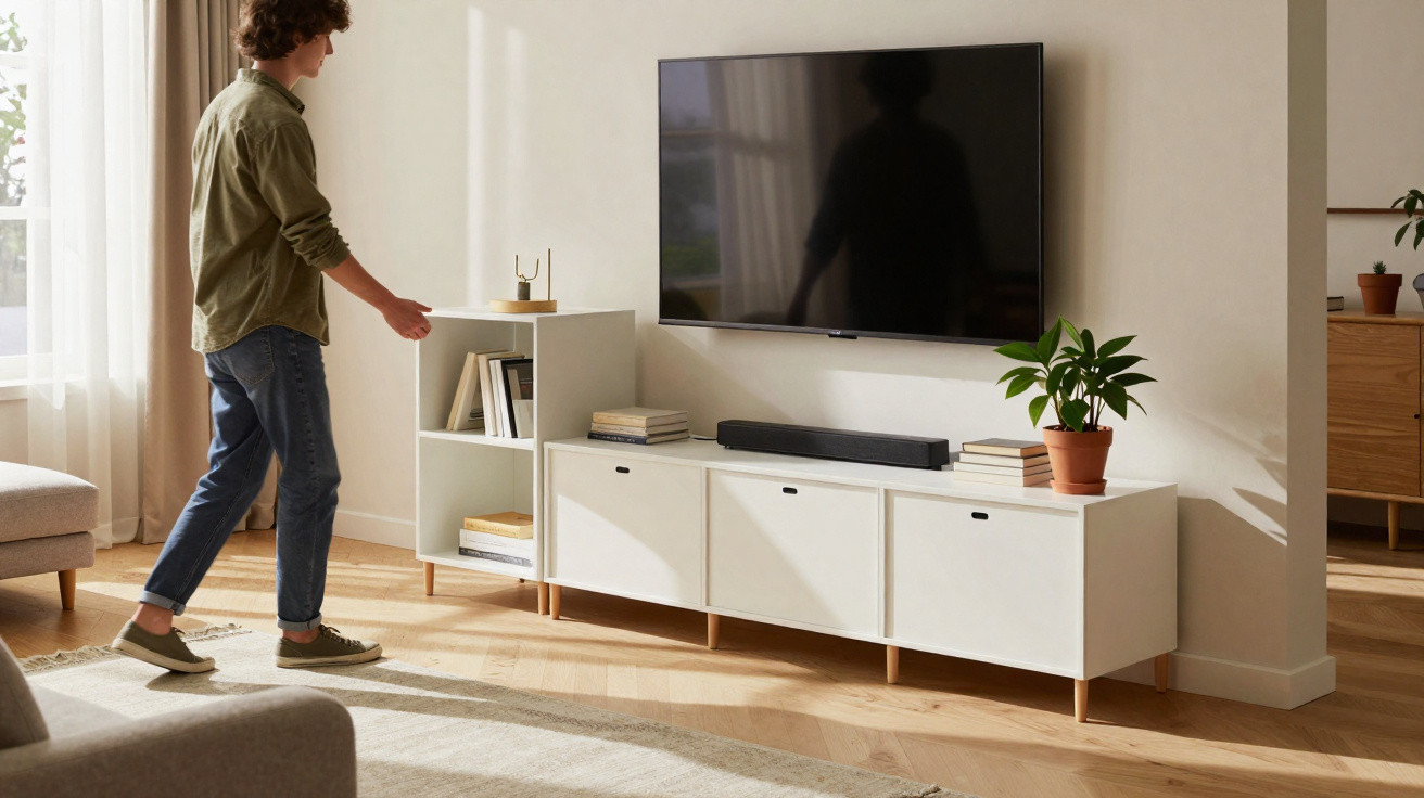 Junge richtet ein modernes, helles Wohnzimmer mit TV und Sideboard in natürlichem Tageslicht ein.