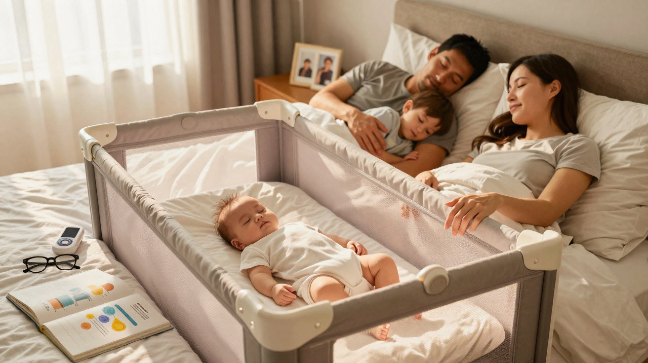 Elterliches Paar liegt mit Kleinkind im Bett, Baby schläft in Reisebett daneben in hellem Schlafzimmer.